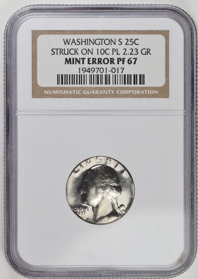 A Washington quarter mistakenly struck on a dime planchet.